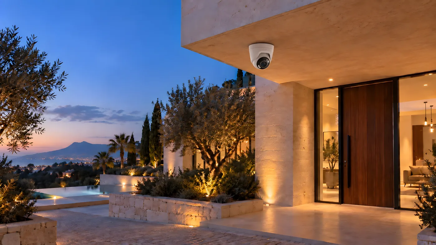 Entrada principal de una villa al anochecer con videovigilancia integrada en la arquitectura