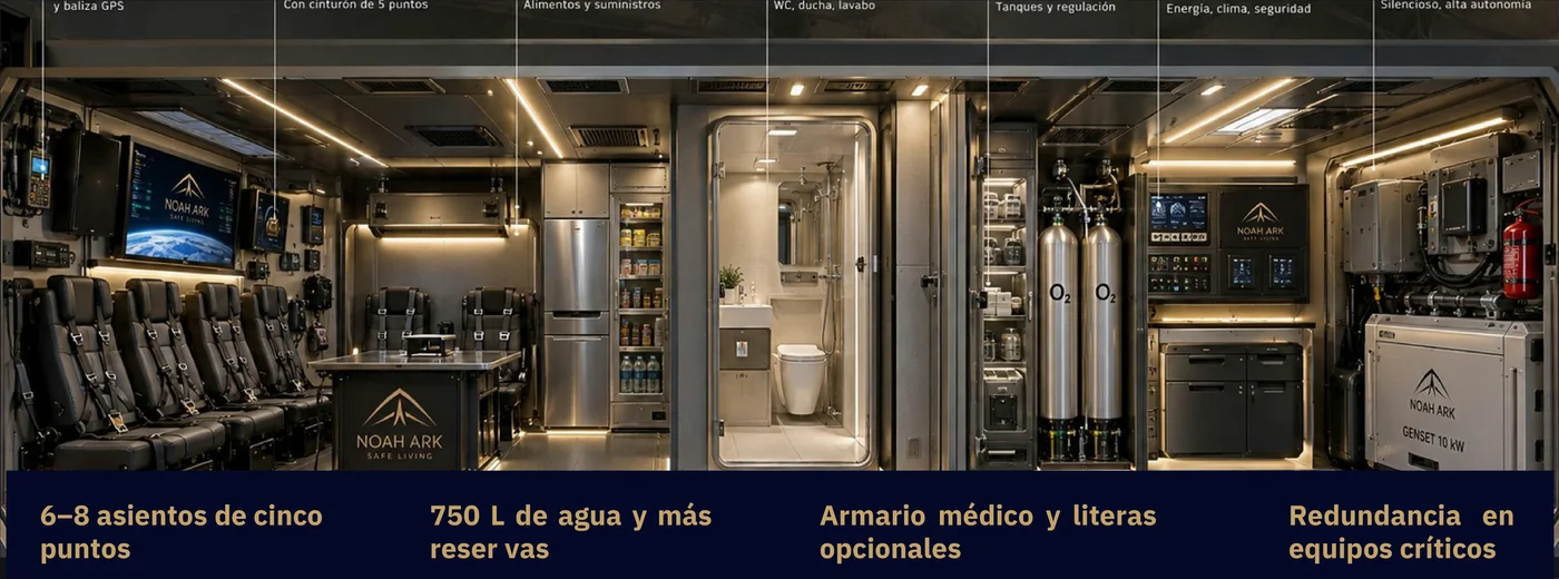 Interior del módulo de punta a punta: puesto de mando, asientos con arnés, cocina y despensa, baño compacto, tanques de agua y el armario de energía y clima.