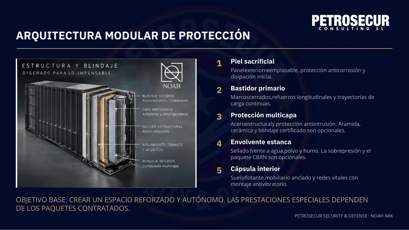 Arquitectura modular de protección: las cinco capas, de la piel sacrificial a la cápsula interior.
