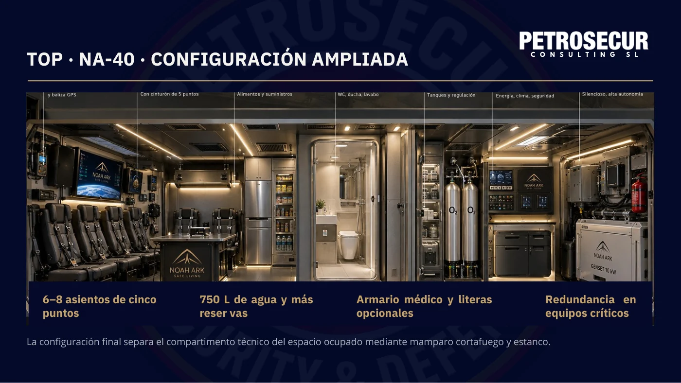 TOP NA-40, configuración ampliada: ocho asientos, 750 litros de agua, armario médico y literas.