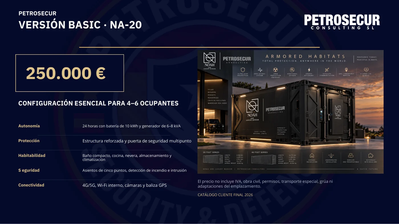 Versión BASIC NA-20: 250.000 €, configuración esencial para 4 a 6 ocupantes.