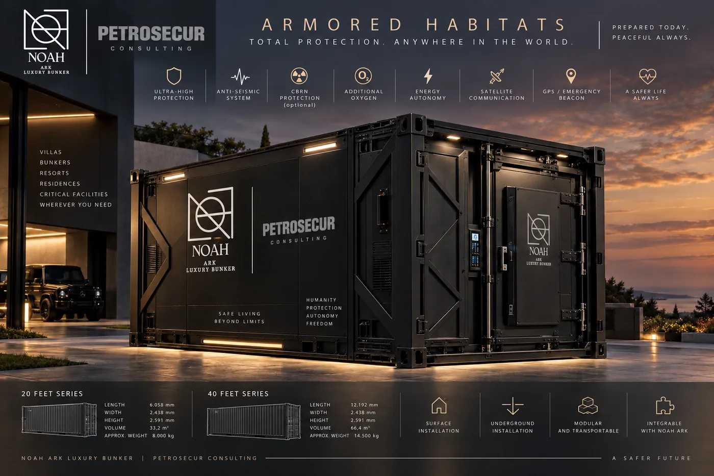 Armored Habitats: the 20 and 40 foot series side by side, with dimensions, weights and capacity.