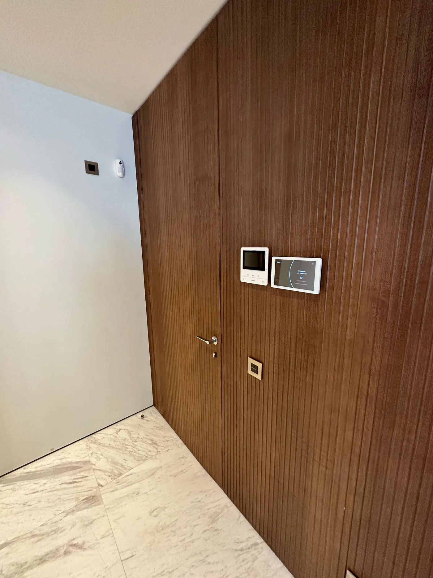 Puerta enrasada y revestida en madera, con los mandos de control junto al marco.