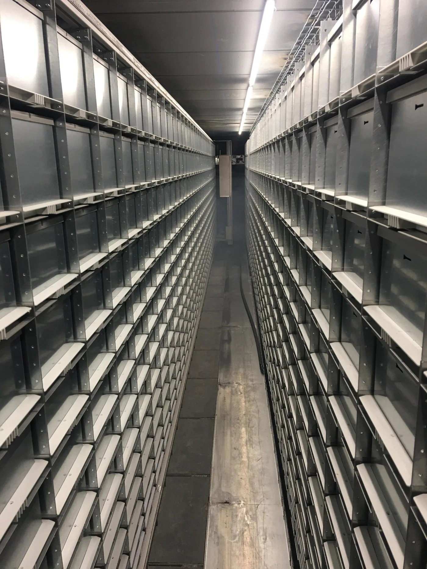 Pasillo de custodia terminado: compartimentos de suelo a techo a los dos lados.