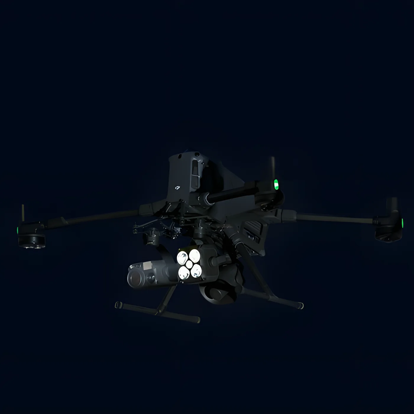 Aeronave en vuelo nocturno con las luces de posicion encendidas y el cabezal desplegado.