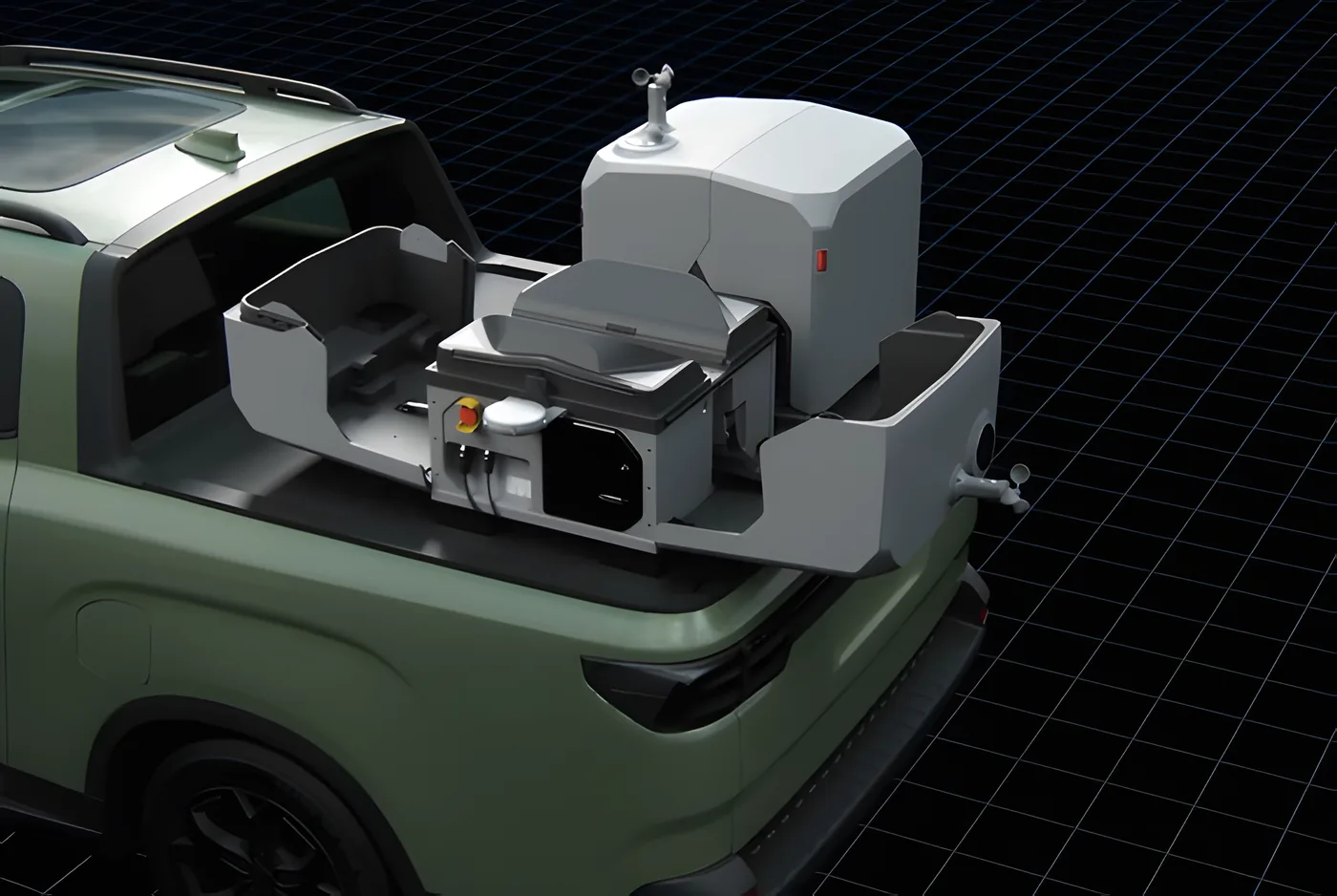 Base de despliegue montada sobre la caja de un vehiculo todoterreno.