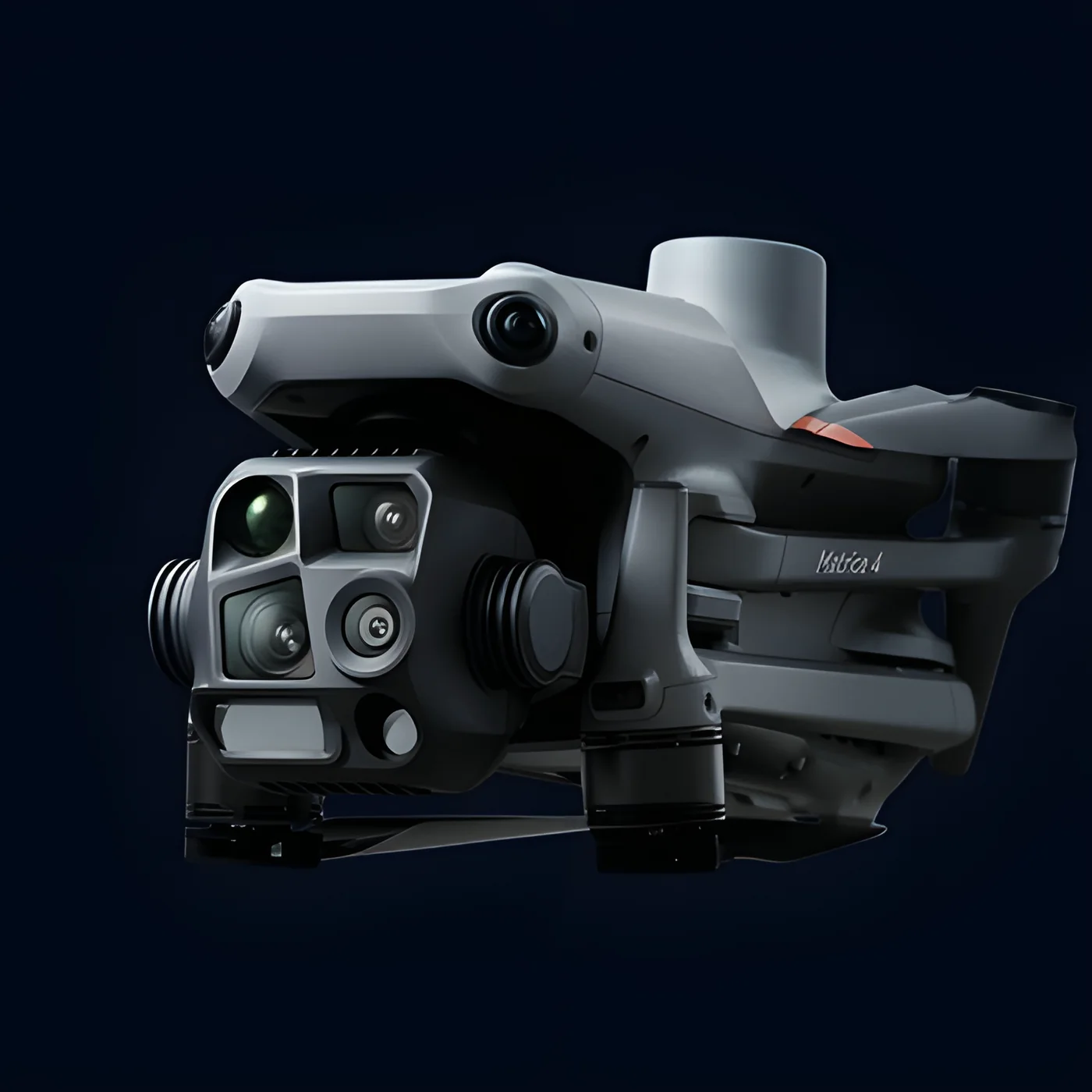 Cabezal multisensor bajo el fuselaje, con optica visible, camara termica y telemetro.