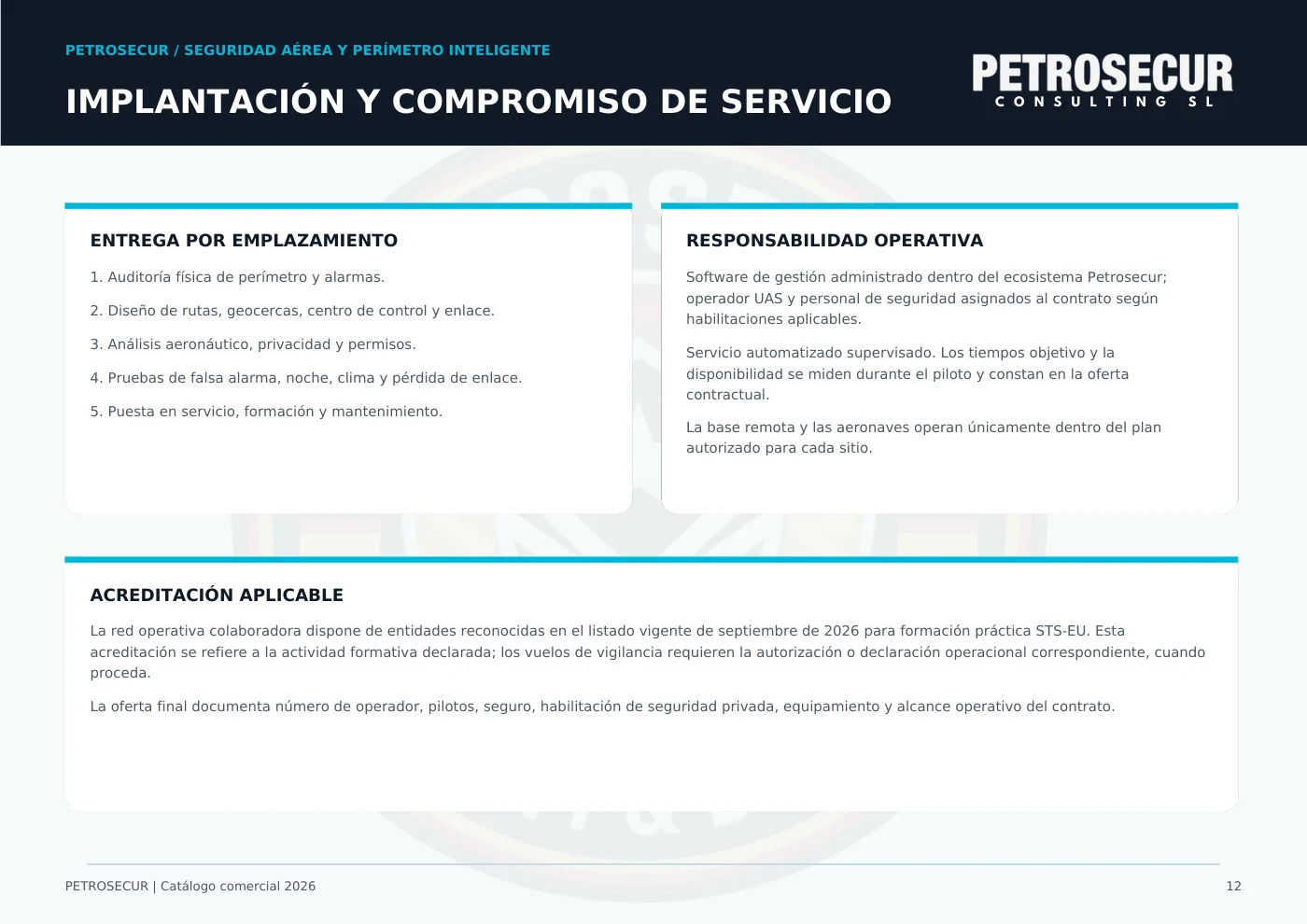 Implantacion y compromiso de servicio: entrega por emplazamiento y responsabilidad operativa.