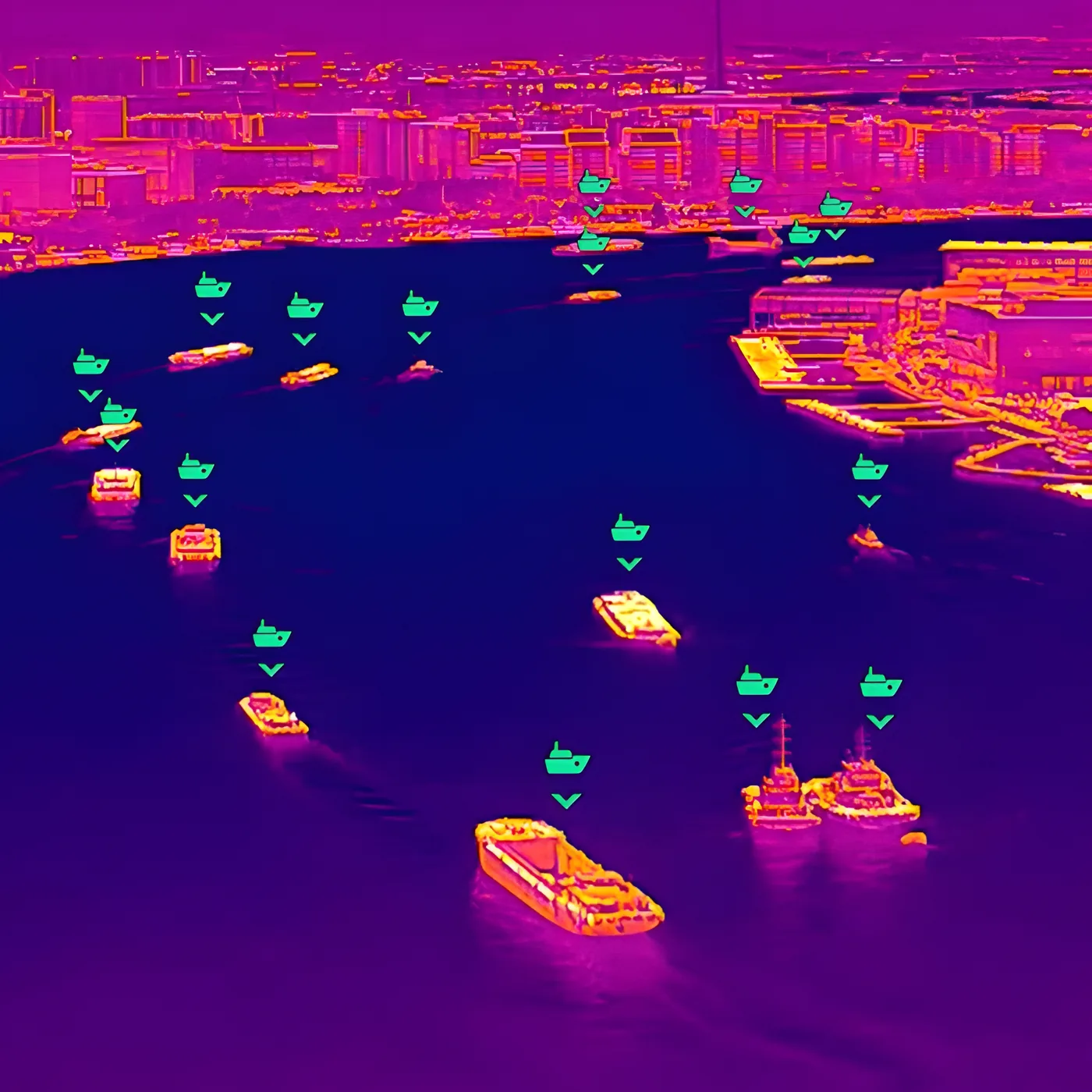 Imagen termica de un puerto desde el aire, con las embarcaciones marcadas por la analitica.